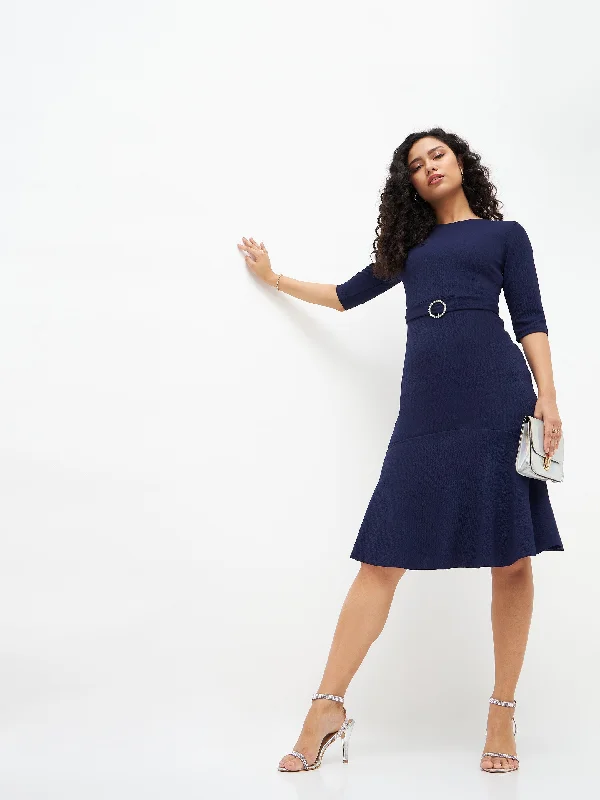 women's business casual dressesWomen Navy Frill Hem Belted Midi Dress