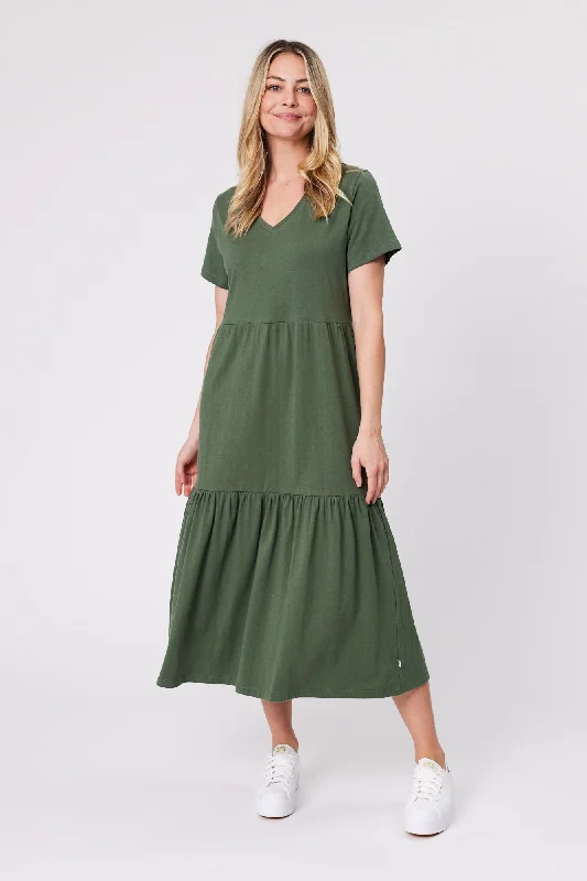 Polka-Dot DressShine On Essentials Tiered Midi Dress Khaki