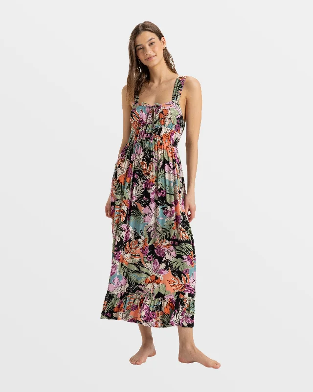 women's velvet dressesParadise Winds Tropical Midi Dress - Phantom Moody Tropical Apparel