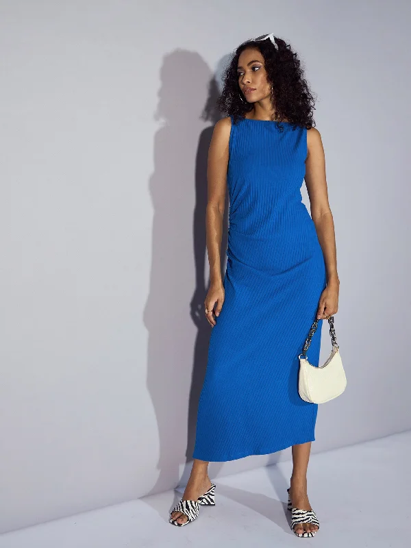 Custom DressWomen Royal Blue Rib Boat Neck Midi Dress