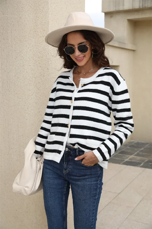 luxury women's topsStriped Round Neck Button-Down Dropped Shoulder Cardigan