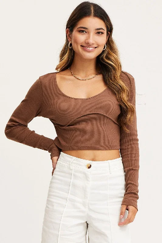 women's tops for those who want to add a pop of color to their outfitsBrown Top Long Sleeve Round Neck