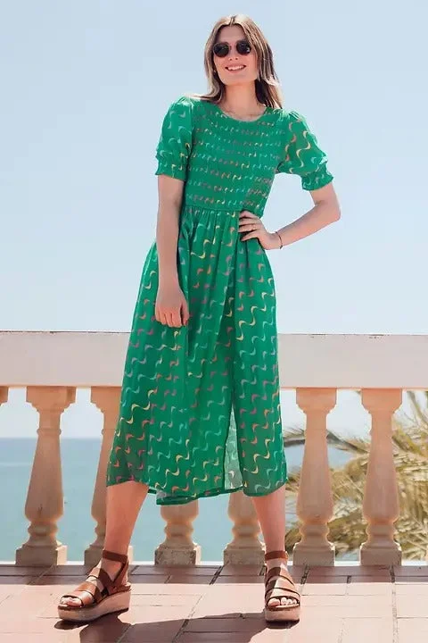 Ruffle DressSugarhill Rosita Midi Shirred Dress Undulating Waves Green