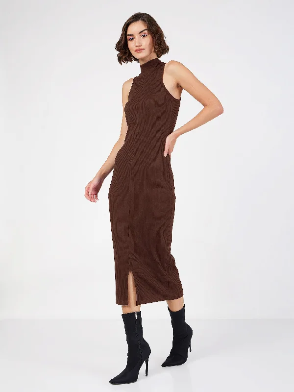 Zipper DressWomen Dark Brown Rib Turtle Neck Sleeveless Midi Dress