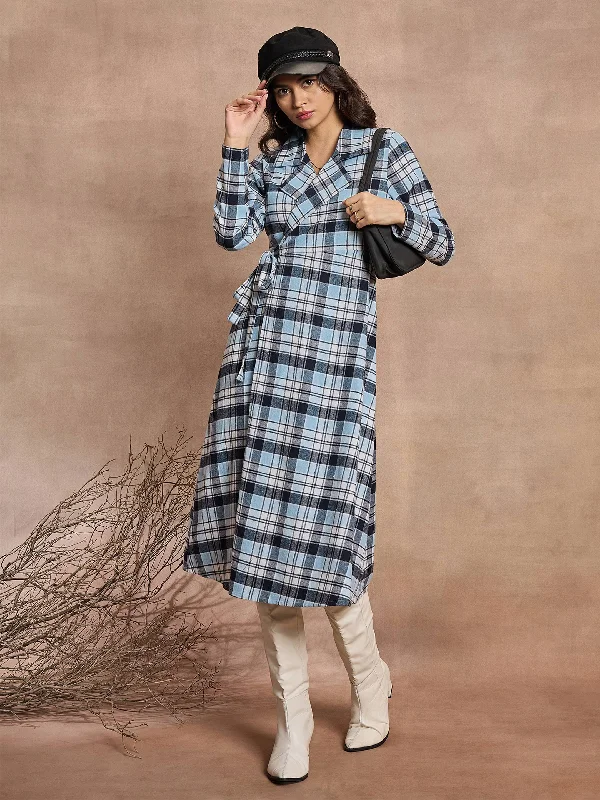 Silk DressWomen Blue Check Wrap Tie-Up Midi Dress