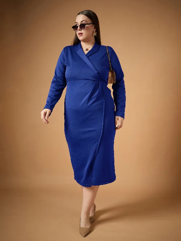 Leather DressWomen Royal Blue Full Sleeves Midi Dress