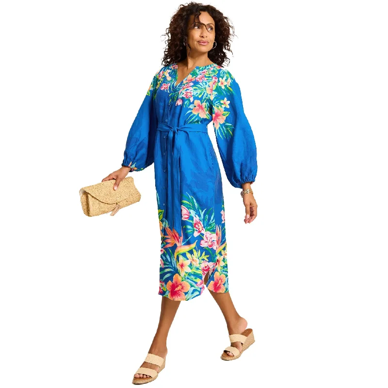 Metallic DressTommy Bahama Women's Topi-Flore Midi Shirt Linen Dress - Cobalt Sea