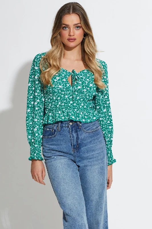 women's tops with cold-shoulder cuts and lace detailingPrint Peplum Top Long Sleeve