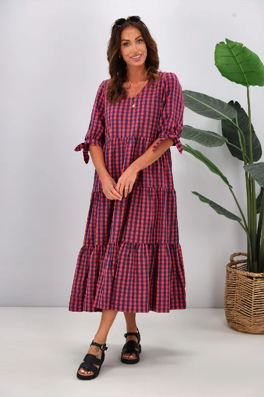 women's petite dressesSilver Wishes Gingham Tier Midi Dress Navy Pink