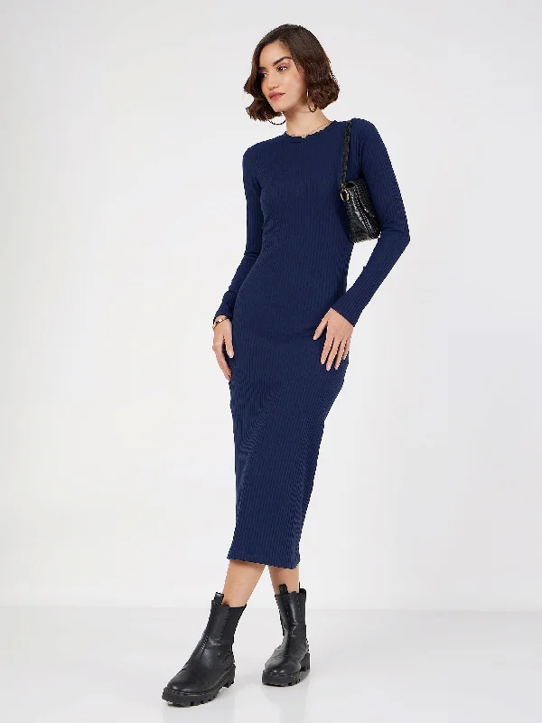 Empire DressWomen Navy Blue Rib Bodycon Full Sleeves Midi Dress