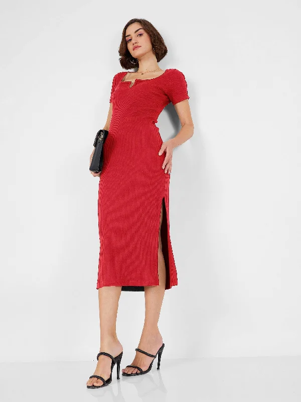 Wedding DressWomen Red Rib V-Neck Midi Dress