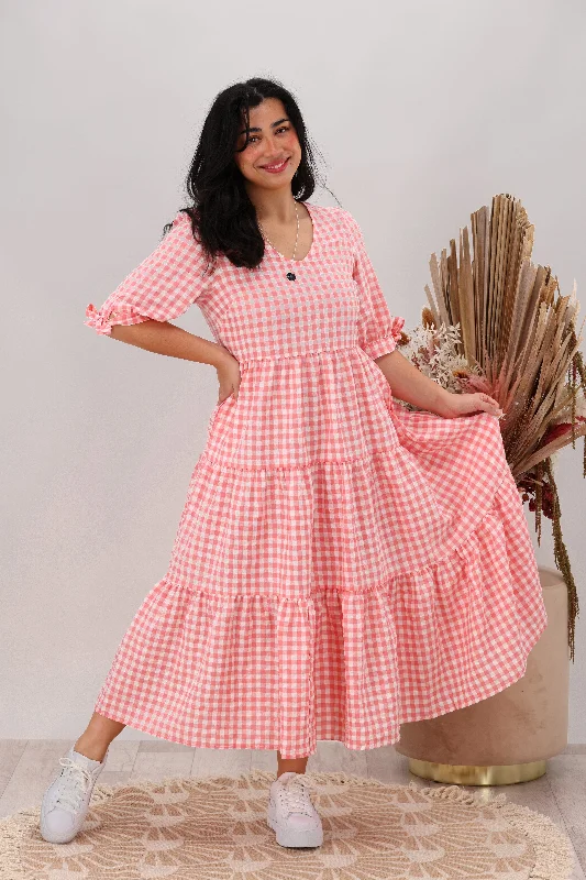 Striped DressSilver Wishes Gingham Tier Midi Dress Pink