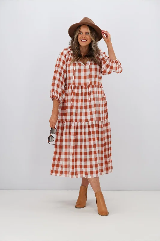 women's casual Friday dressesFria Sammy Gingham 2 Tier Midi Dress Tan