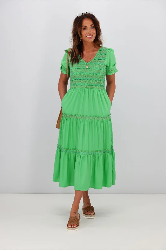 Embellished DressSugarhill Harley Midi Shirred V-Neck Dress Rainbow Shirring Green