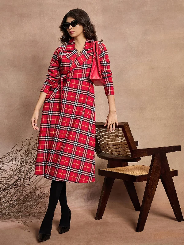 Fit-And-Flare DressWomen Red Check Wrap Tie-Up Midi Dress