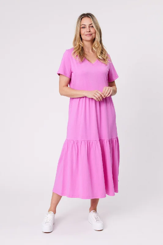 women's designer dressesShine On Essentials Tiered Midi Dress Super Pink