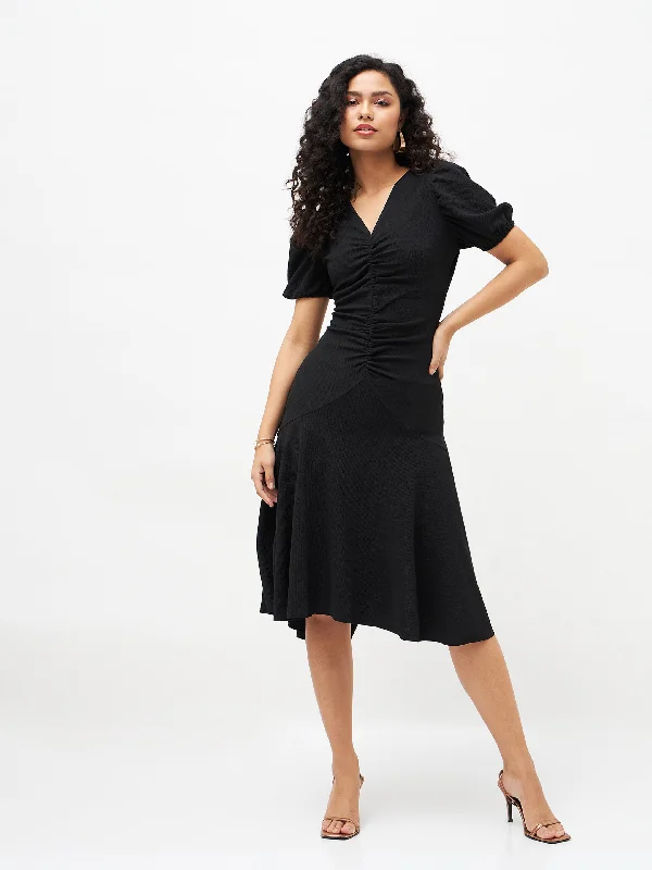 women's affordable dressesWomen Black Front Ruched Midi Dress