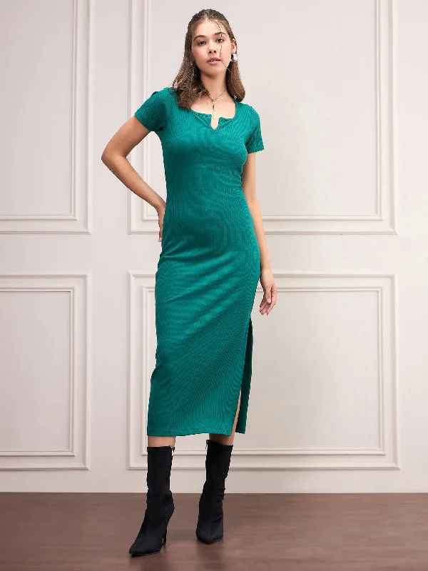 women's handmade dressesWomen Bottle Green Rib V-Neck Midi Dress