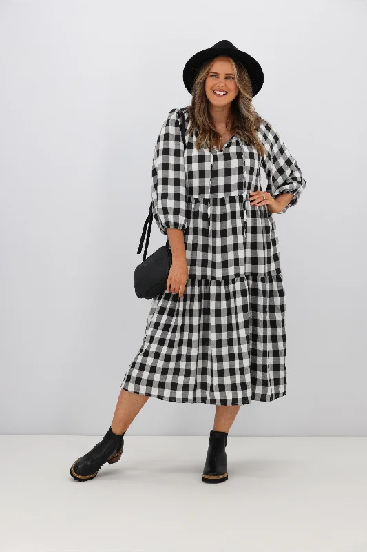 women's eco-friendly dressesFria Sammy Gingham 2 Tier Midi Dress Black