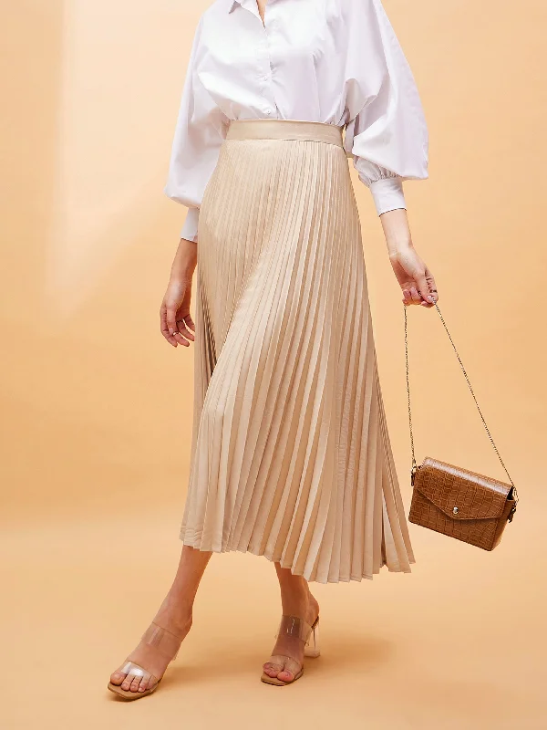 women's empire-line dressesWomen Beige Accordion Pleated Belted Midi Skirt