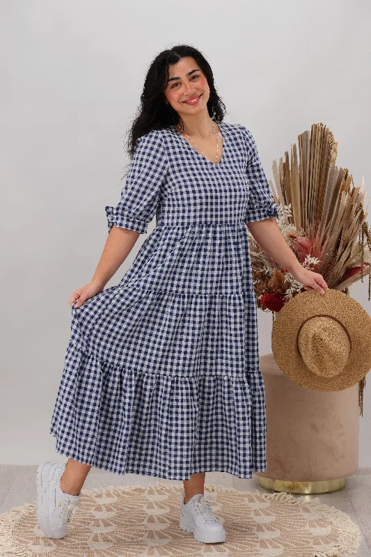 Velveteen DressSilver Wishes Gingham Tier Midi Dress Navy