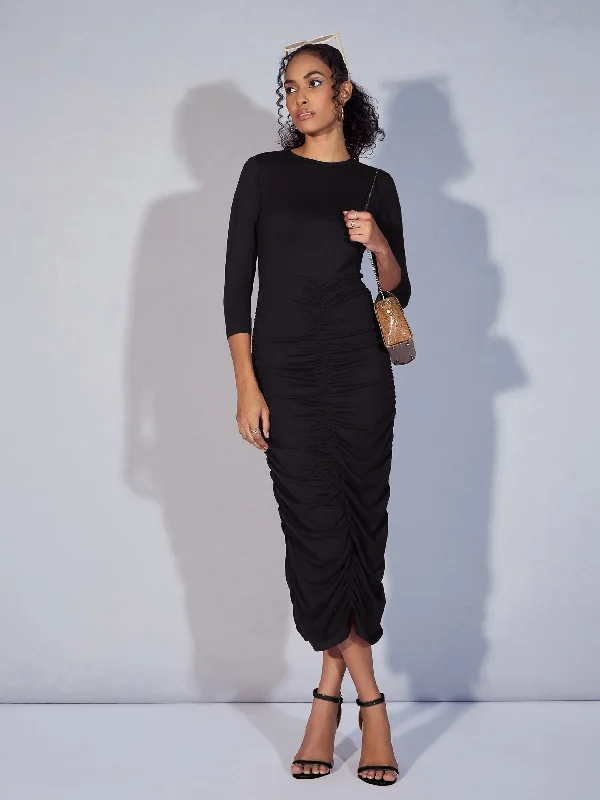 women's denim dressesWomen Black Ruched Bodycon Midi Dress