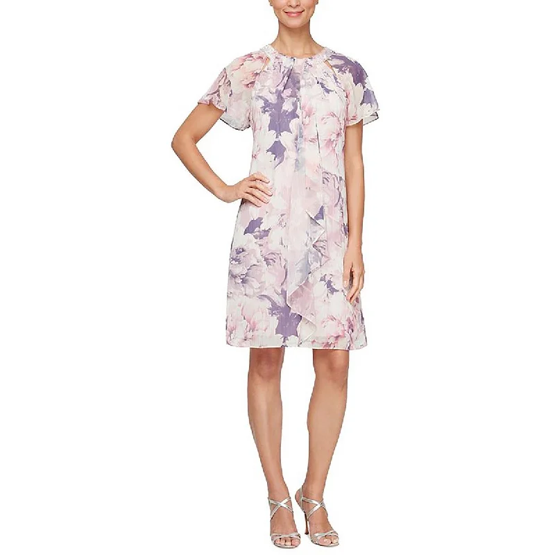 women's A-line dressesSLNY Womens Floral Print Embellished Neckline Mini Dress