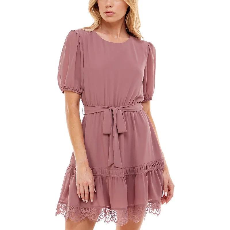 women's chiffon dressesSpeechless Womens Belted Lace Trim Mini Dress