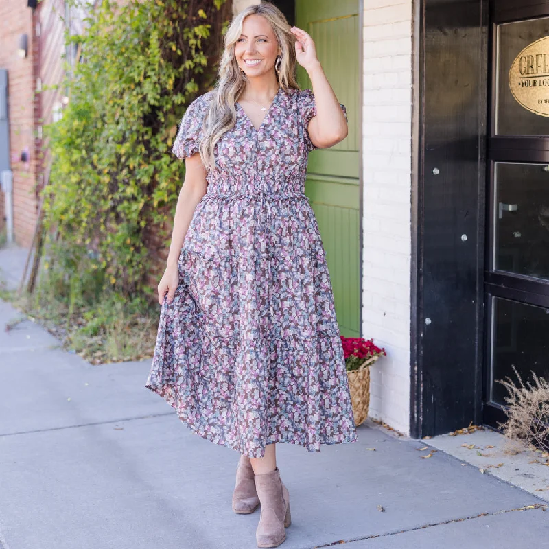 Tiered DressMuted Garden Midi Dress, Purple