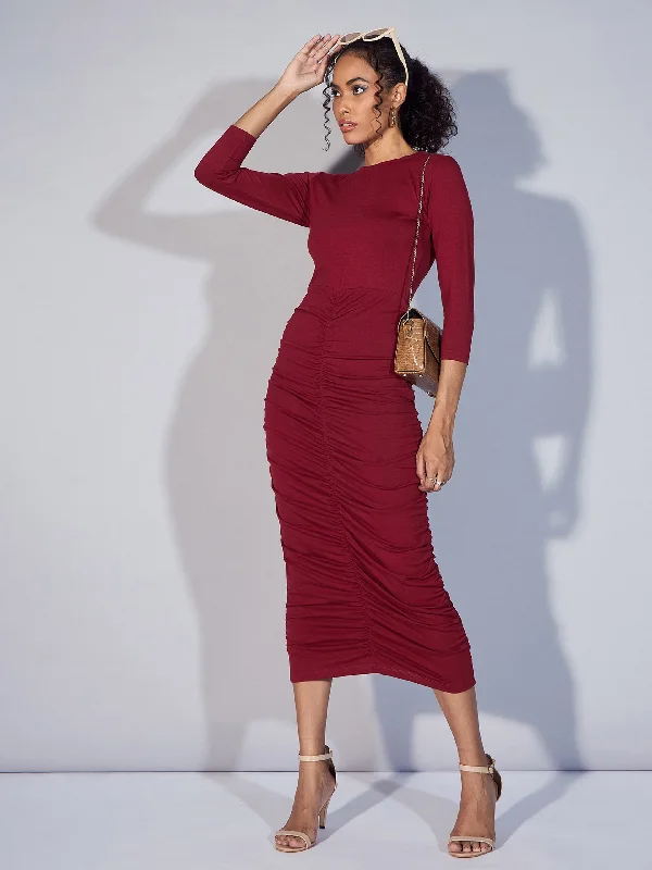 women's cocktail dressesWomen Maroon Ruched Bodycon Midi Dress