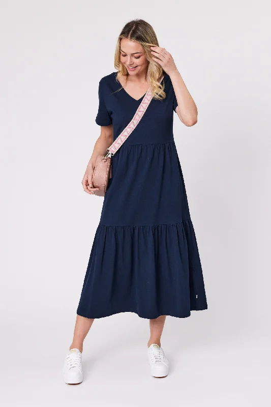 women's wrinkle-resistant dressesShine On Essentials Tiered Midi Dress Navy