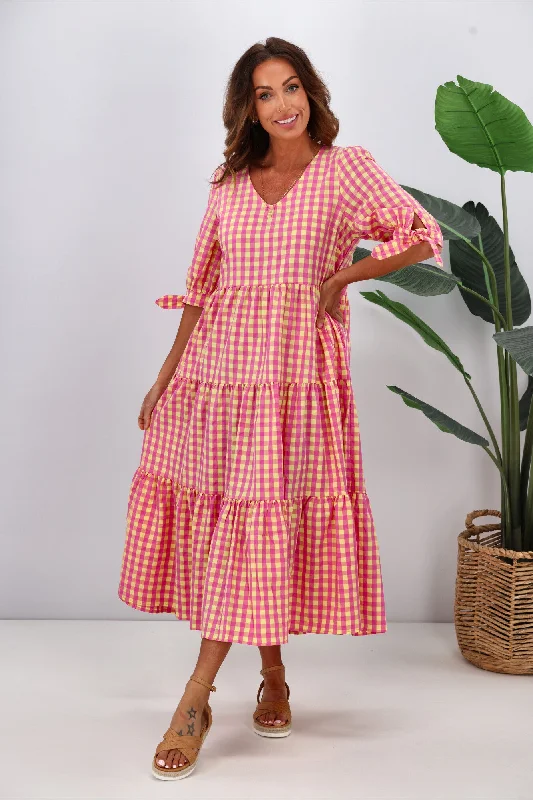 women's flowy dressesSilver Wishes Gingham Tier Midi Dress Hot Pink Yellow