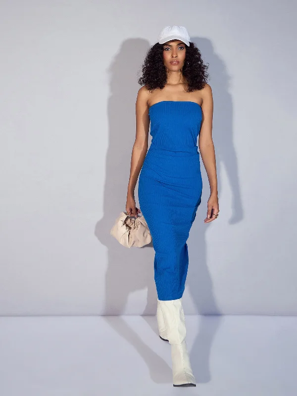 Zip-Up DressWomen Royal Blue Rib Tube Midi Dress