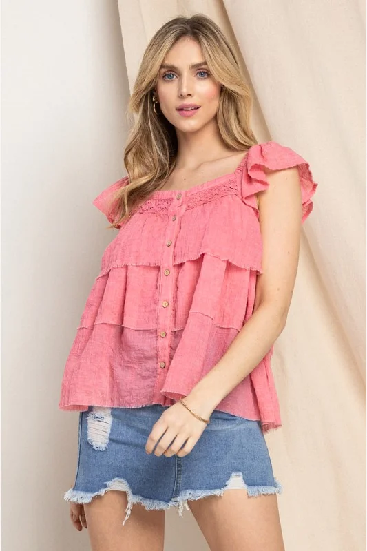 women's tops with ruffled hemsODDI Full Size Buttoned Ruffled Top