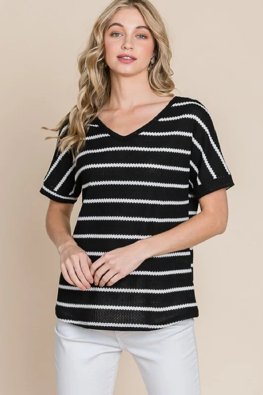 women's tops for those who want to add a touch of elegance and sophistication to their everyday wearBOMBOM Simple Goals Waffle Knit Striped Tee