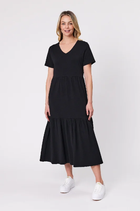 Solid Color DressShine On Essentials Tiered Midi Dress Black