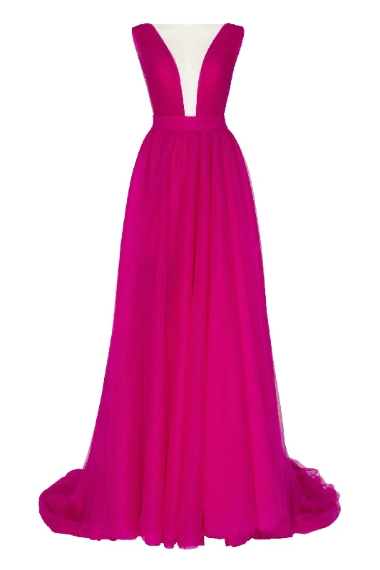 women's petite dressesFuchsia Bow-Back Maxi Evening Tulle Dress