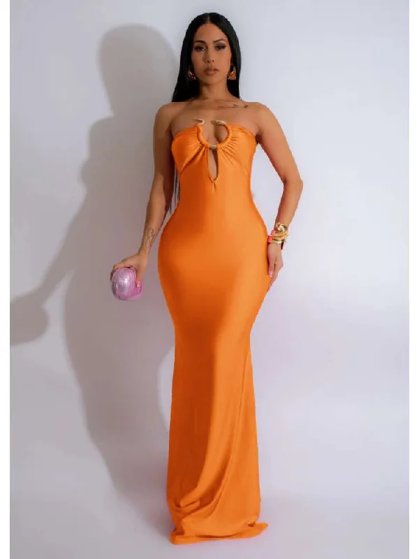 women's empire-line dressesPatchwork Metal Decor Strapless Maxi Dresses