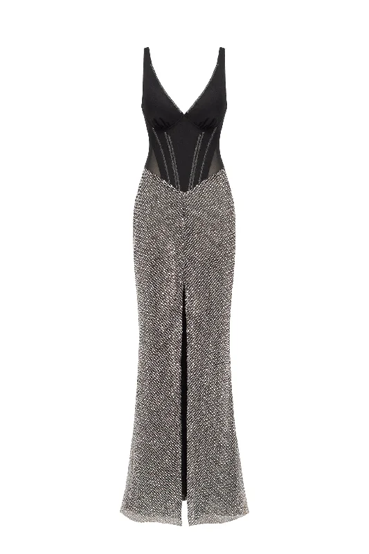 Fit-And-Flare DressBlack corset maxi dress with silver sequined maxi skirt, Smoky Quartz