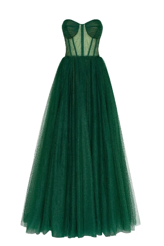 women's checkered dressesEmerald Green Tulle Maxi Dress with a Corset Bustier