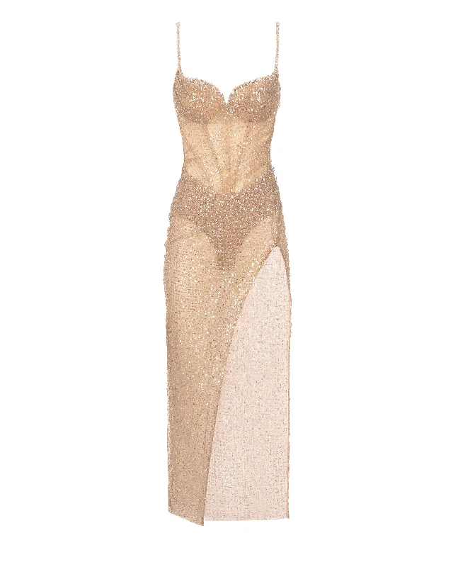 women's apple-shaped body dressesSensational champagne gold crystal-embellished maxi dress on spaghetti straps