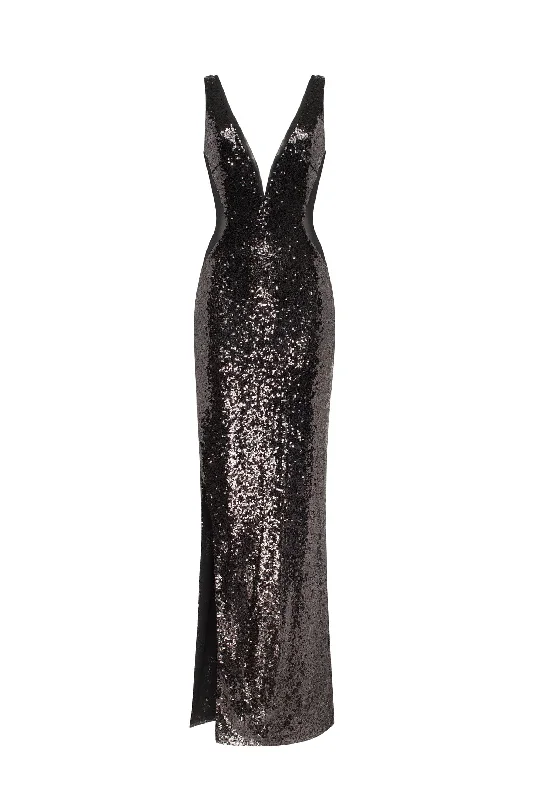 women's flutter-sleeved dressesDazzling fully sequined black maxi dress, Smoky Quartz