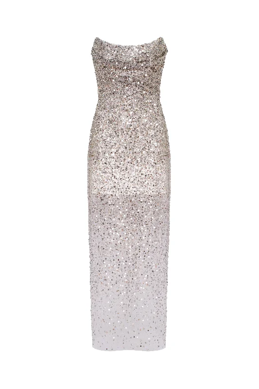 Ruffled Hem DressEntrance-worthy semi-sheer sequined silver maxi dress