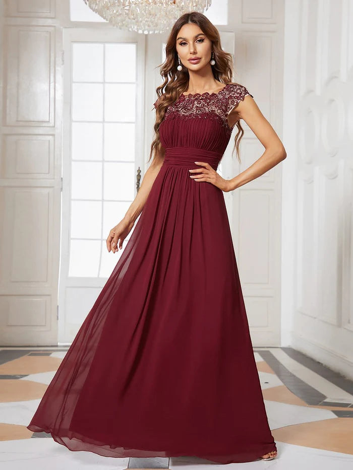 Floor-Length DressElegant Lace Cap Sleeve Maxi Long Chiffon Bridesmaid Dress