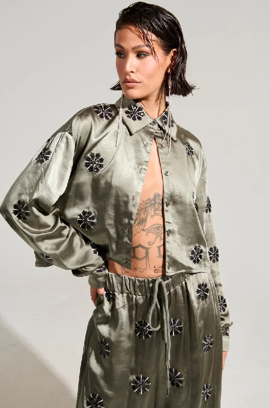 SUNSET DREAMS SATIN BUTTON DOWN TOP IN SAGE