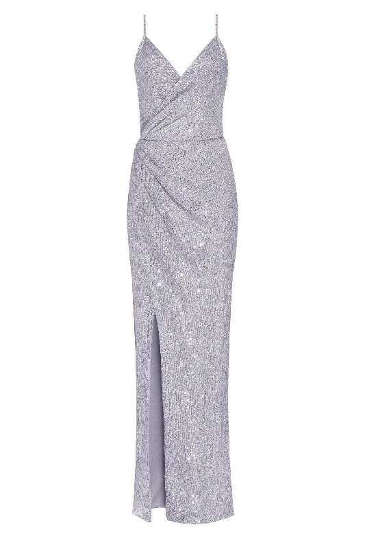 women's trendy dressesSpaghetti straps silver sparkling wrapped maxi dress