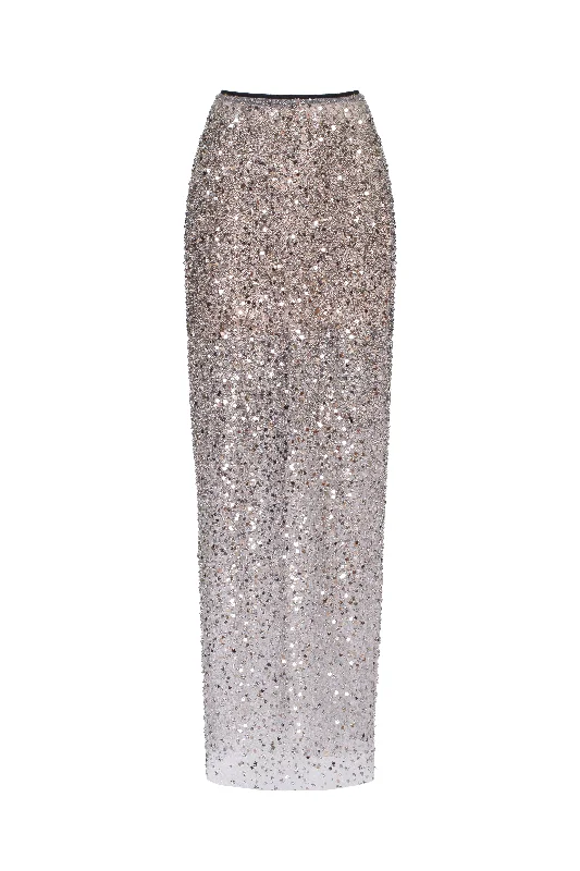 women's formal dressesShowstopper fully sequined silver fitted maxi skirt