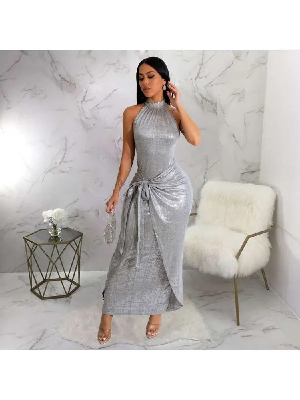 Ruffled Hem DressMetallic Fitted Bandage Sleeveless Maxi Dress