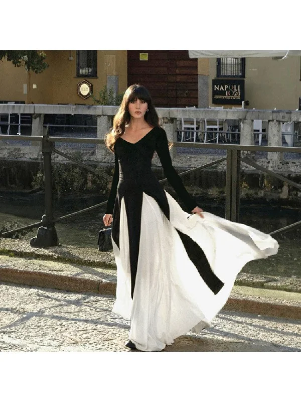 Designer DressPatchwork Colorblock Swing Long Sleeve Maxi Dress