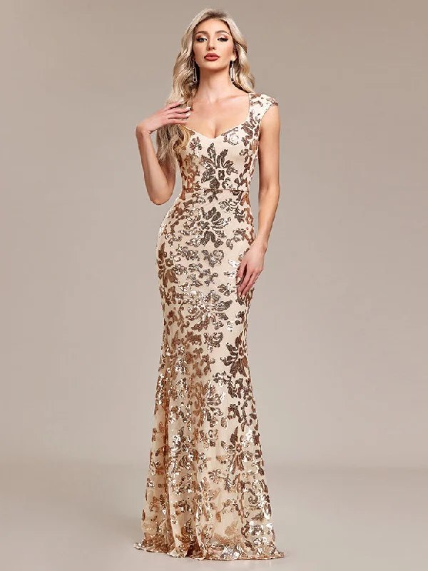 Plunging Neckline DressAlluring Queen Anne Neckline Cap Sleeve Floral Sheath Evening/Formal Maxi Dress